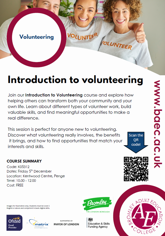 BAEC Introduction to Volunteering event flyer image (downloadable on webpage)