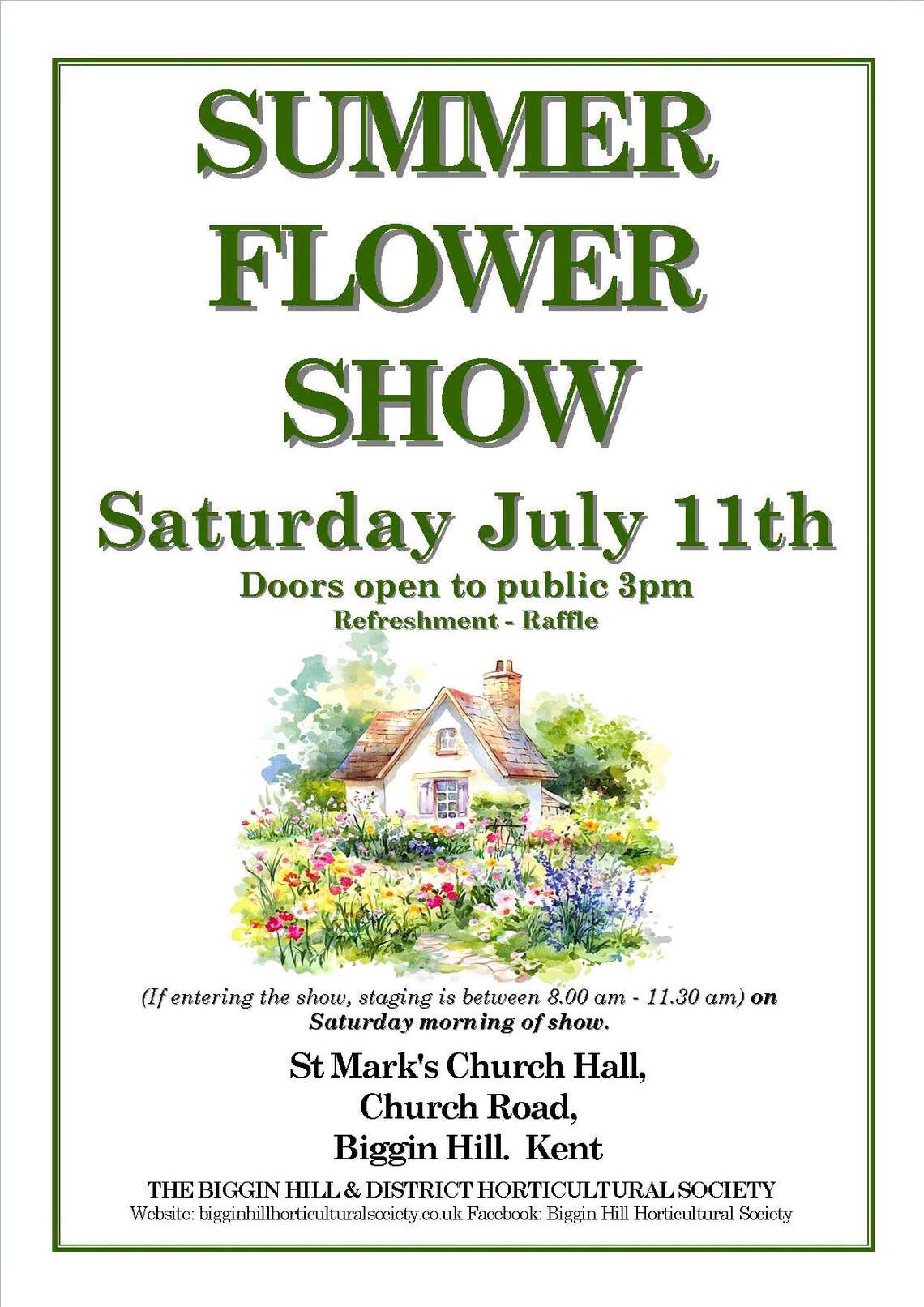 Flowers in front of house, surrounded by event information. Event information on webpage