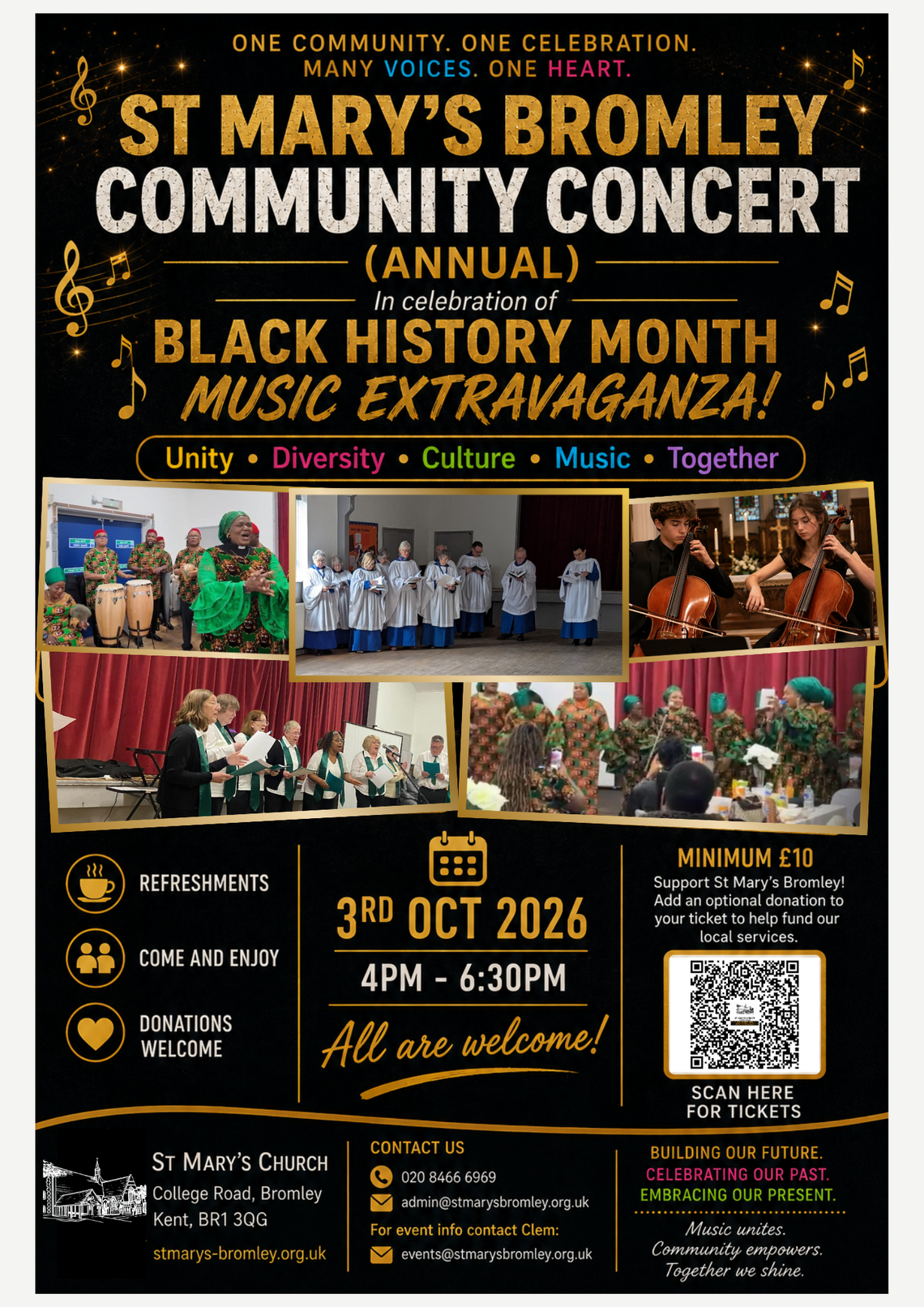 Photos of choirs singing and people playing stringed instruments, surrounded by event information (event info on webpage)