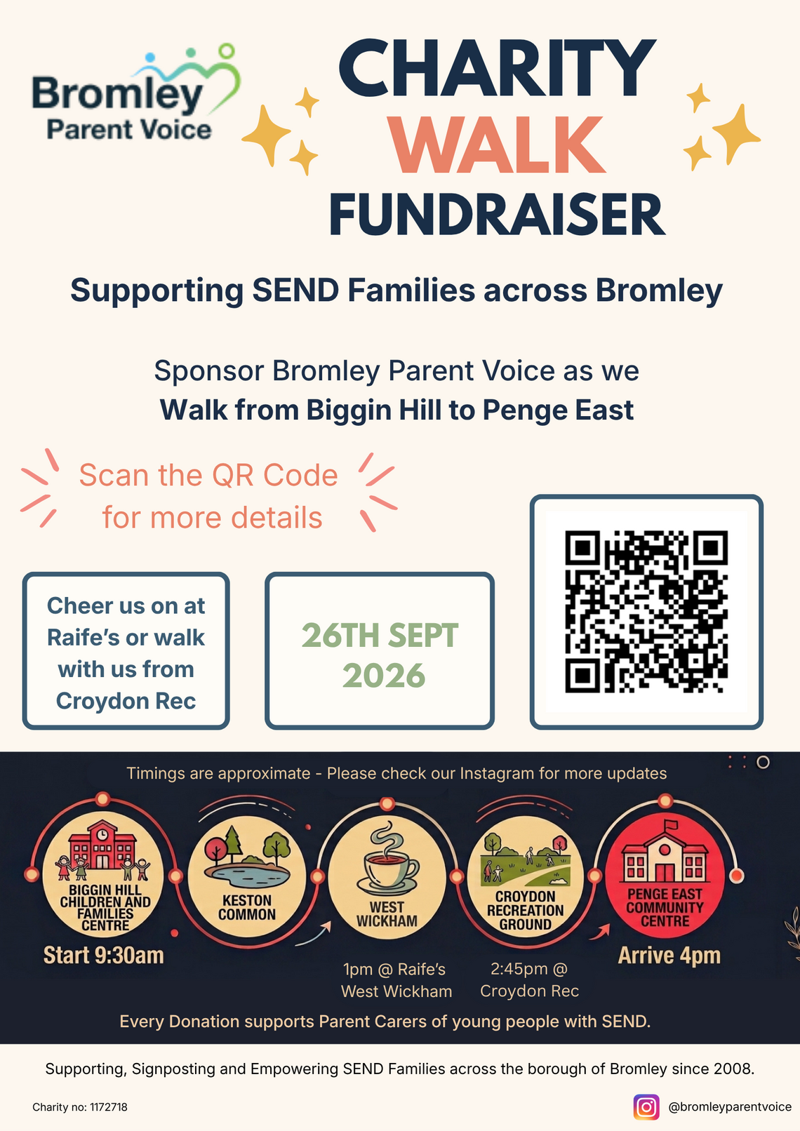Event information on cream background above building and nature environments highlighting checkpoints of charity walk