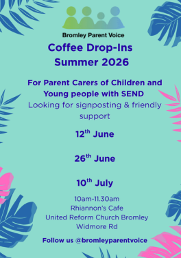 Flyer with palm tree leaves as border, alongside event information. Event information on webpage