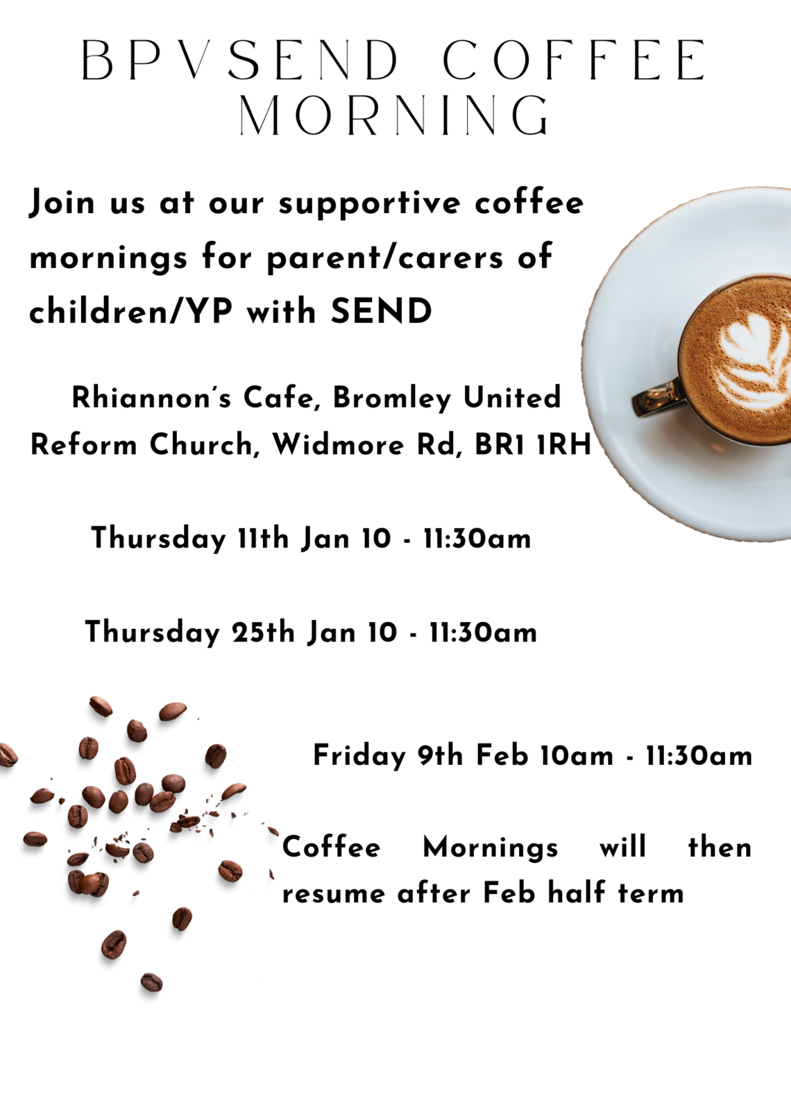 BPV Coffee Morning flyer 2024 (image text surrounded by brown coffee beans, text on page)