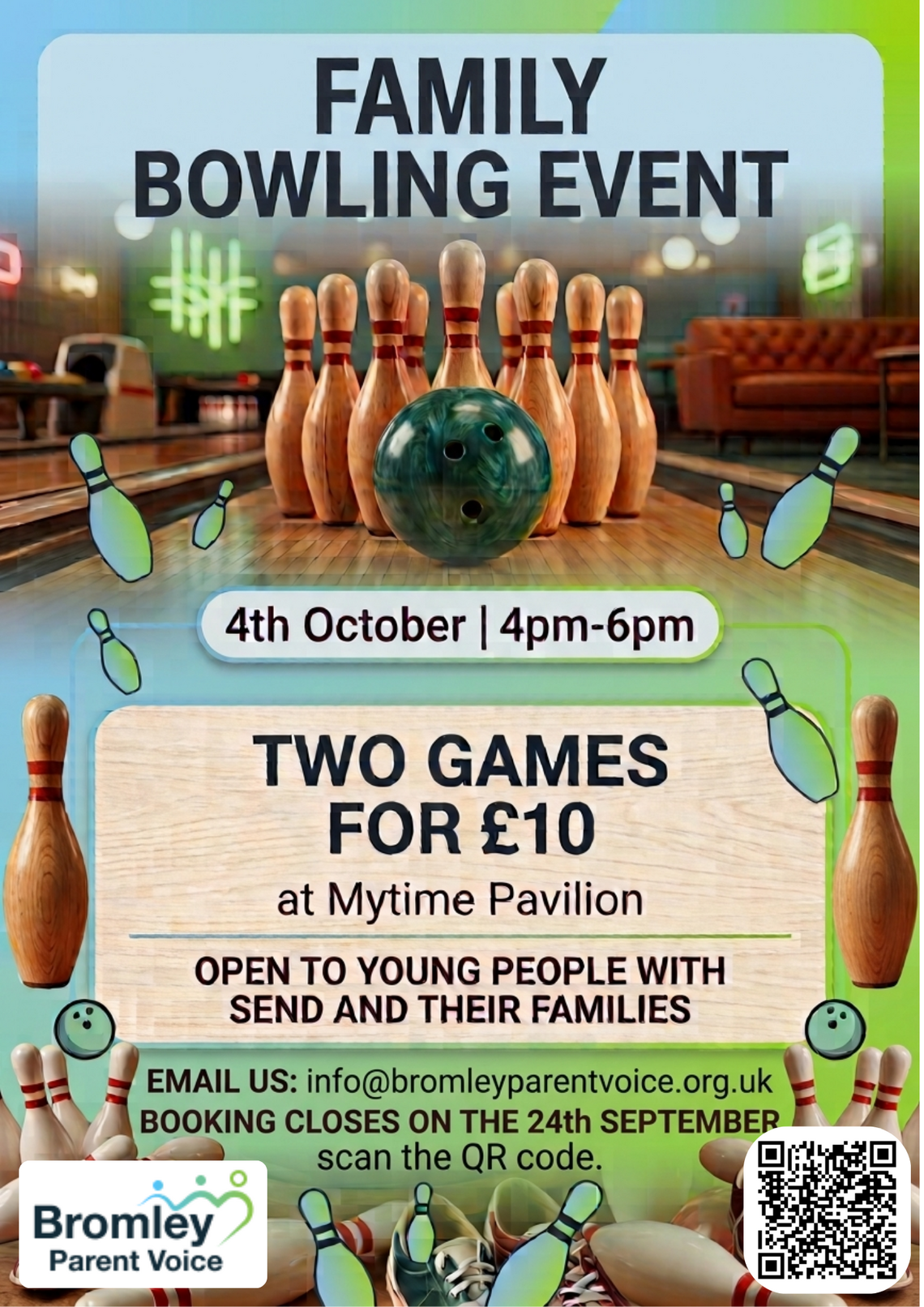 Bowling ball and pins in bowling alley, above event information (event information on webpage)