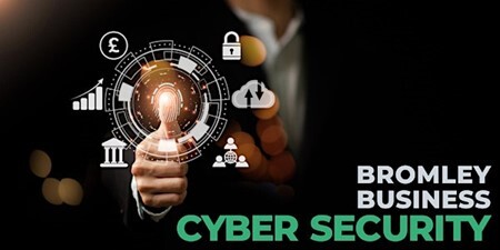 Thumb on symbol of internet beside words Brmley Business Cyber Security