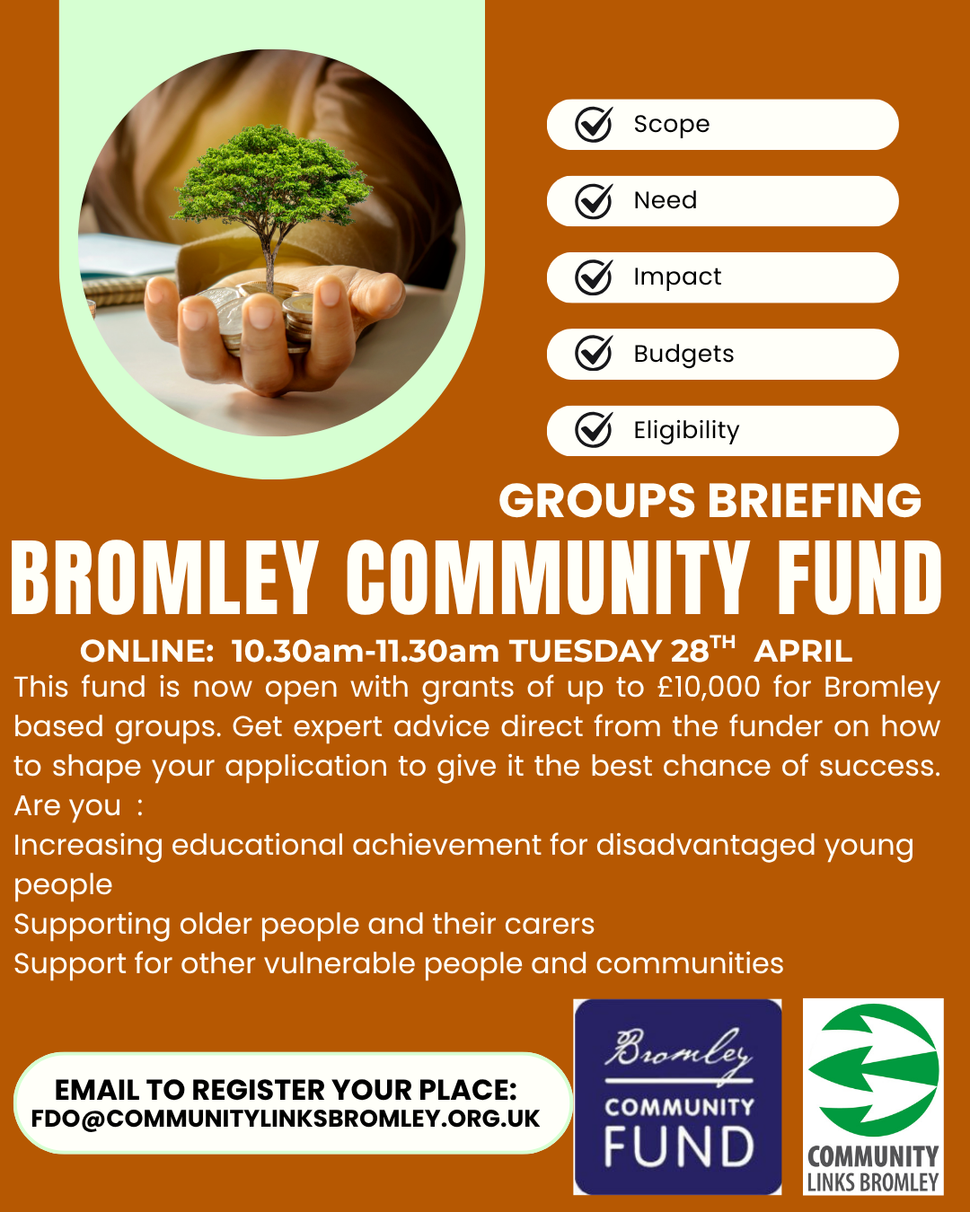 Orange flyer with hand holding tree and coins above event text. Event text on webpage