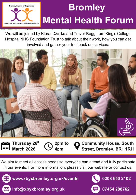 event flyer for Bromley Experts by Experience Mental Health Forum. Image of people sitting in a circle speaking. Event text on webpage