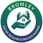 Circle with words 'Bromley Safer Neighbourhood Board' inline, surrounding image of hand holding house