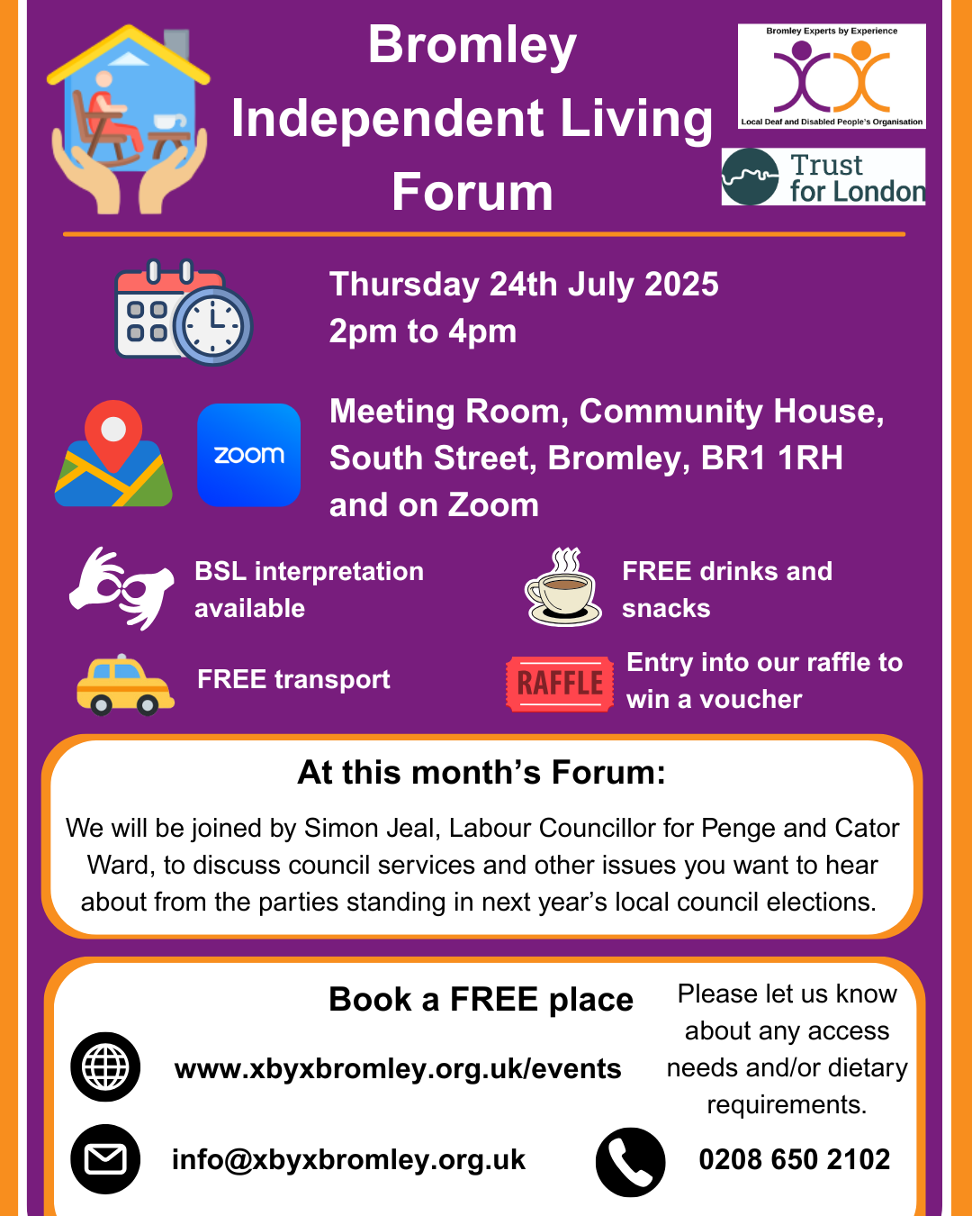 Flyer text of Bromley XbyX Independent Living Forum on webpage