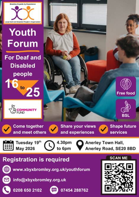 Image of people sitting in circle, on chairs and in wheelchair, surrounded by event text with QR code at bottom right corner (event text on webpage)