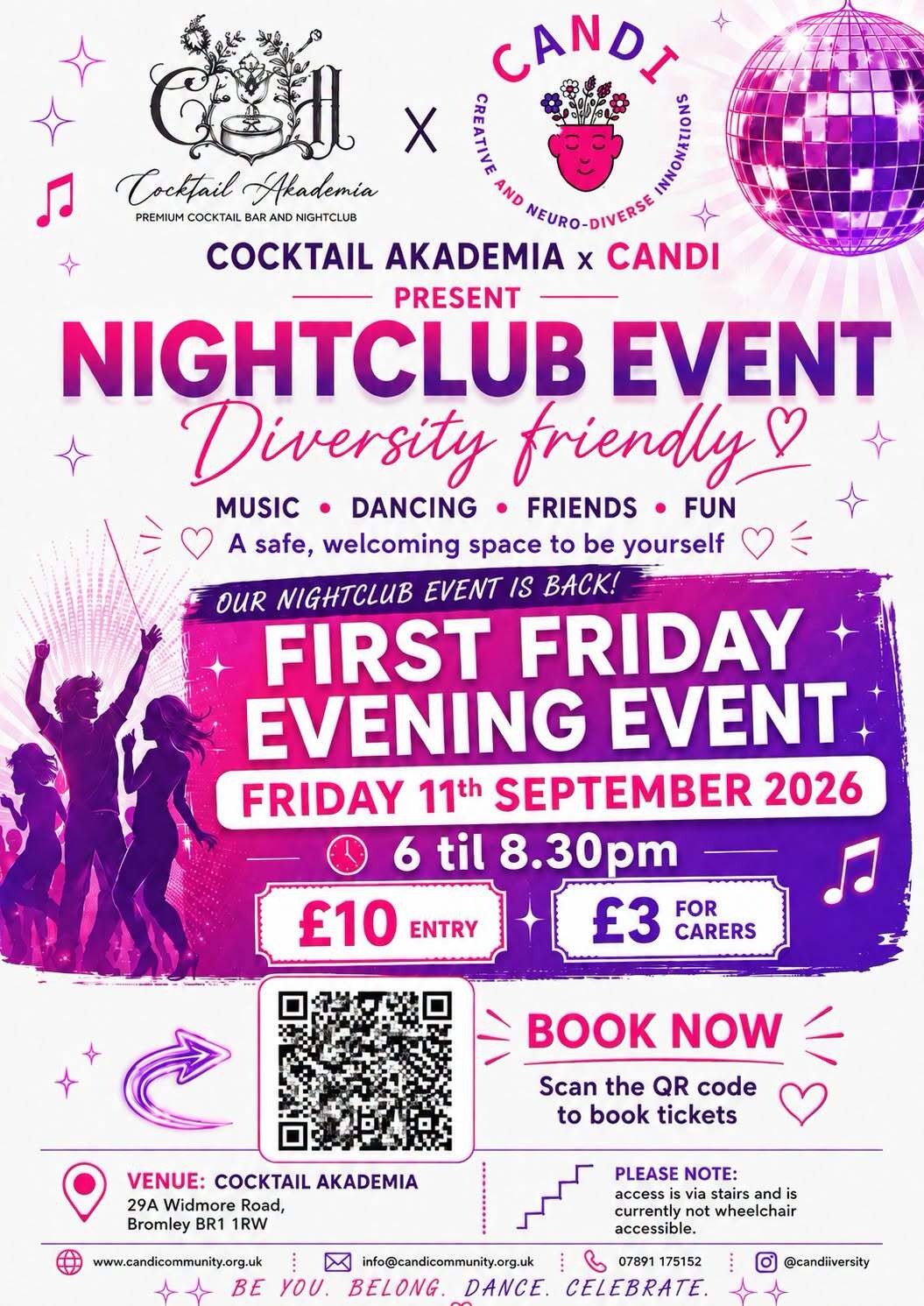 Purple/pink silhouettes of people dancing surrounded by event information Event information on webpage