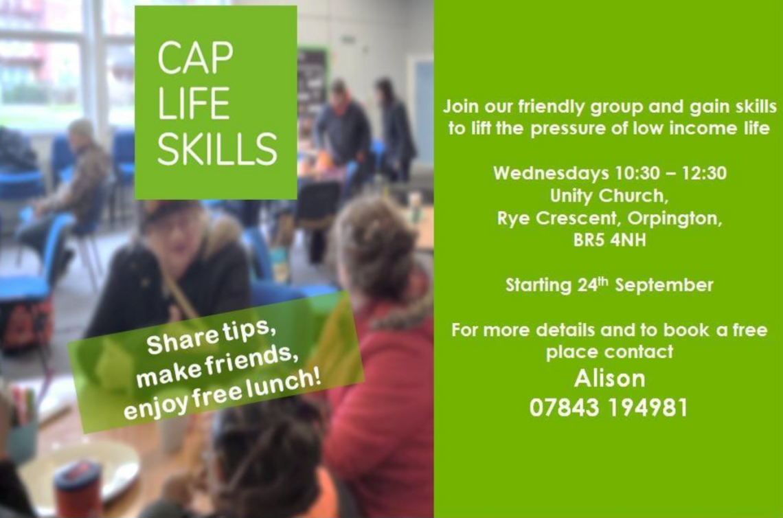 Image of people sitting and standing in a room, speaking to each other, beside event text (event text on webpage)