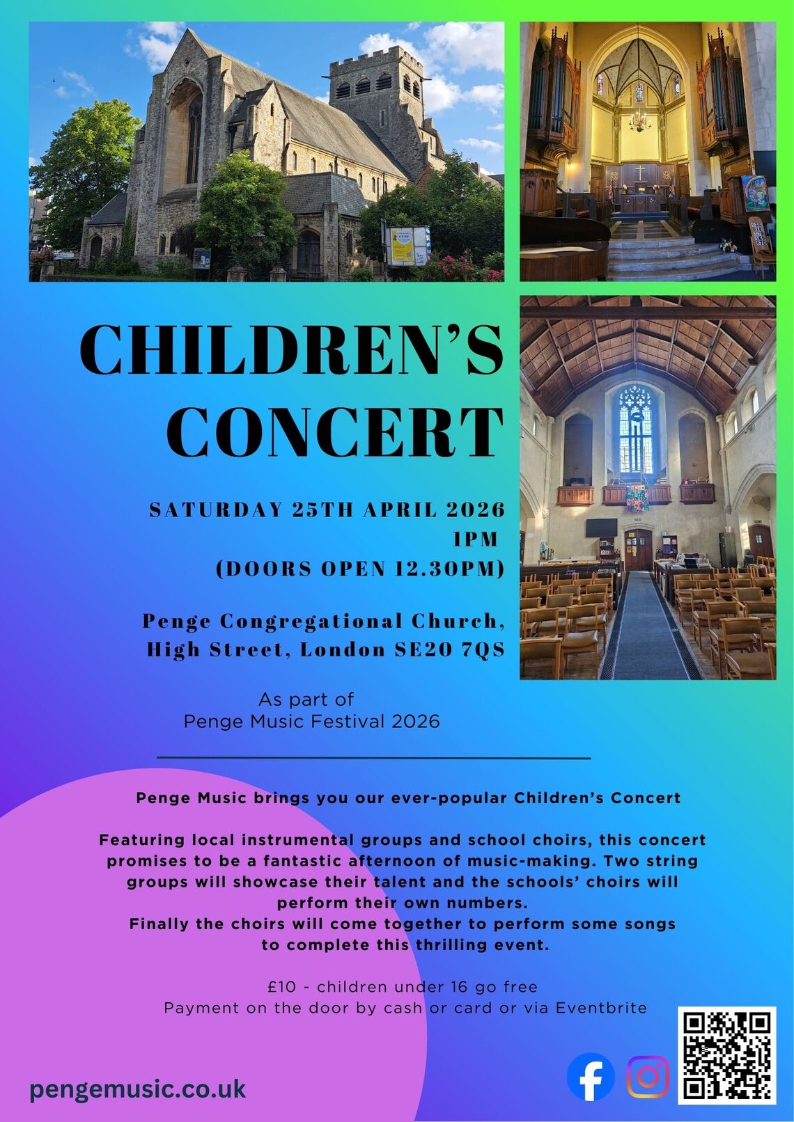 Blue poster with photos of Penge Congregational Church, surrounding event text. Event text on webpage