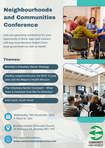 Image of people sitting down talking to each other above image of people sitting down in room looking at screen. Event information next toimages (event information on webpage)