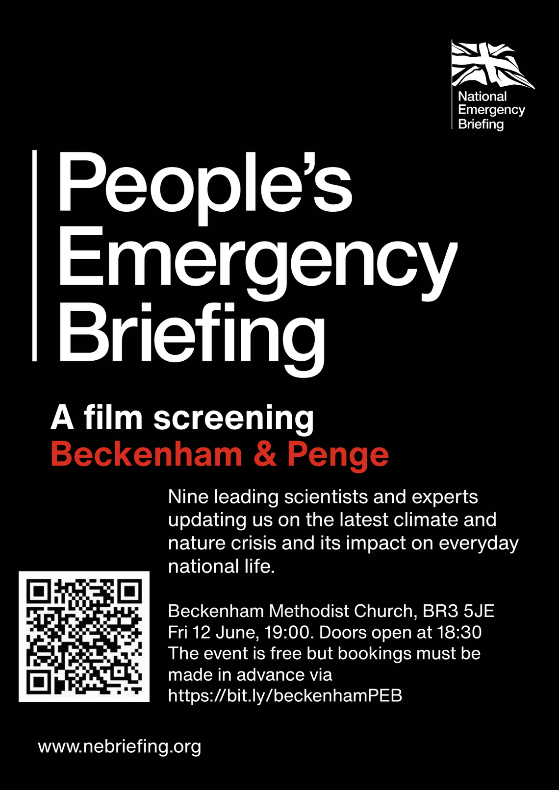 Black poster with title ‘National Emergency Briefing. People's Emergency Briefing. A film screening. Beckenham & Penge’ above event description ‘Nine leading scientists and experts updating us on the latest climate and nature crisis and its impact on everyday national life.’ Other event text is on webpage