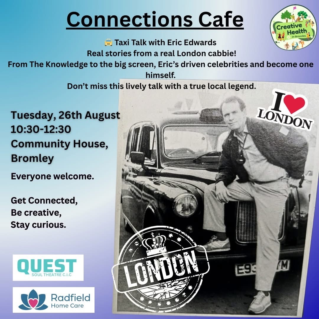 Black and white image of man standing in front of black taxi. Image surrounded by event text (text on webpage)