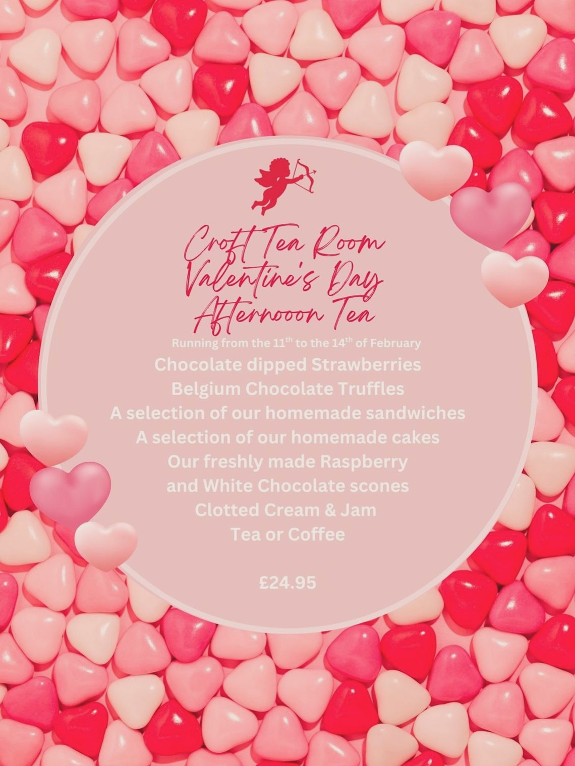 Heart shaped sweets surrounding text abotu event. Event text on webpage