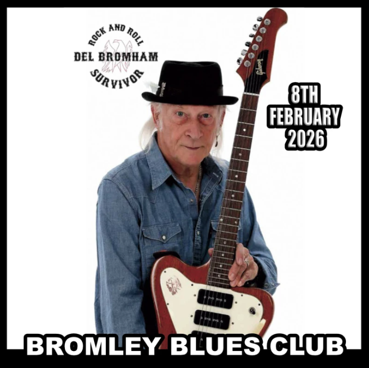 Poto of Del Bromham holding a guitar