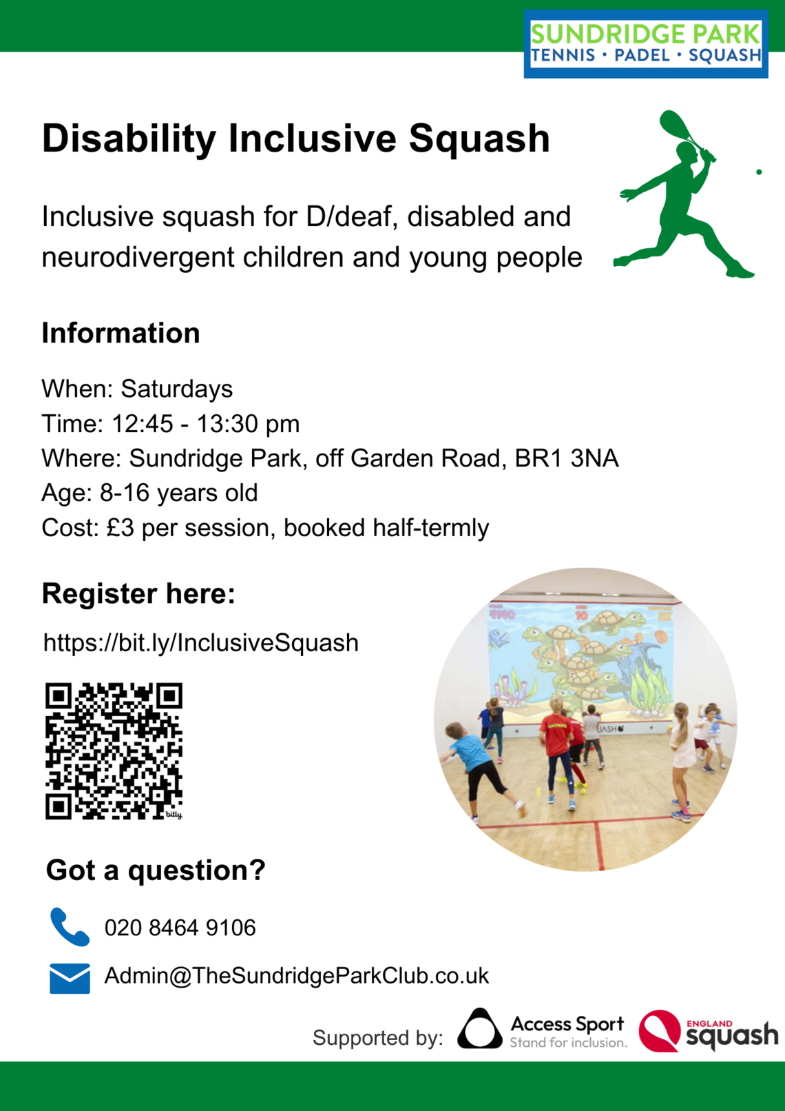 Disability Inclusive Squash flyer (text on webpage)