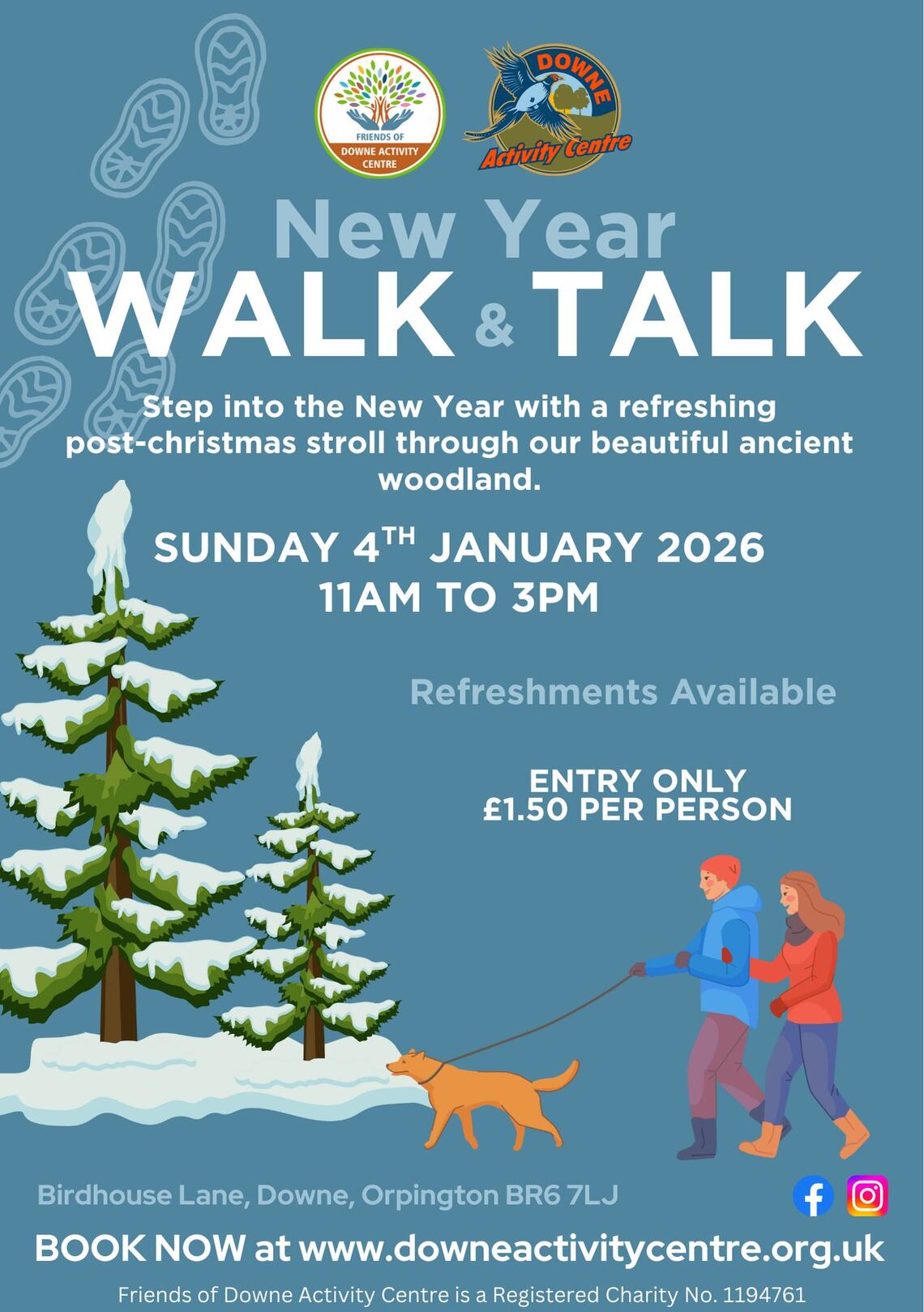 Blue flyer with cartoon images of Christmas tree withsnow beneath it and two people walking dog. Flyer text on webpage