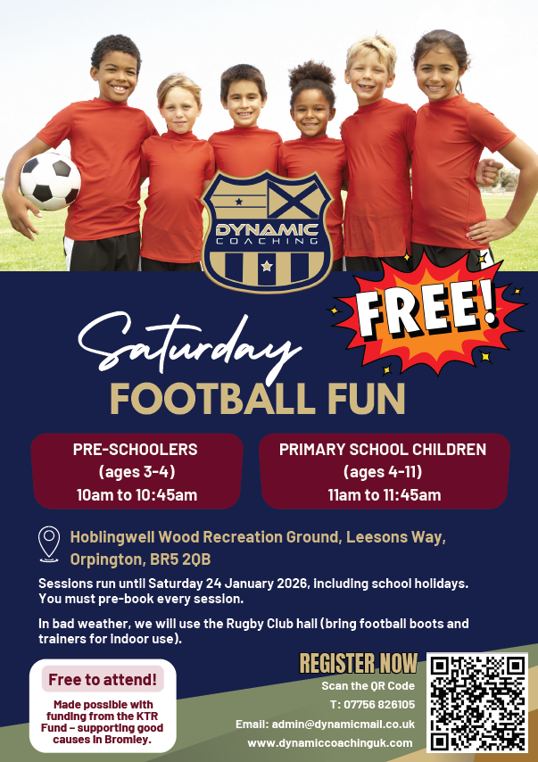 Image of children standing in a line with one holding a football, above event information (text on webpage)