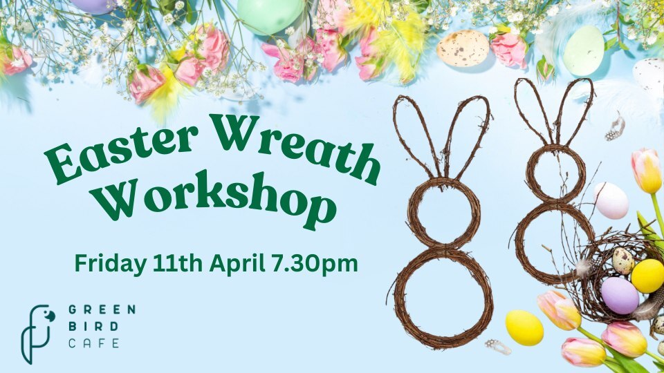 Easter Wreath Workshop event image with flowers on and brown wreaths in the shape of bunnies