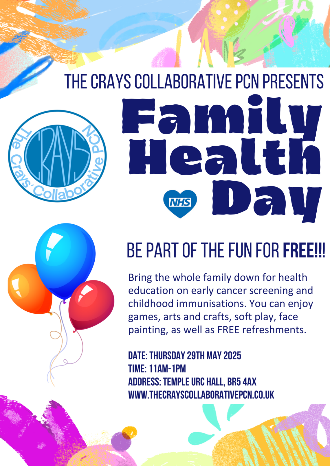 Family Health Day poster displaying balloos beside text - The Crays Collaborative PCN poster (image text on page)