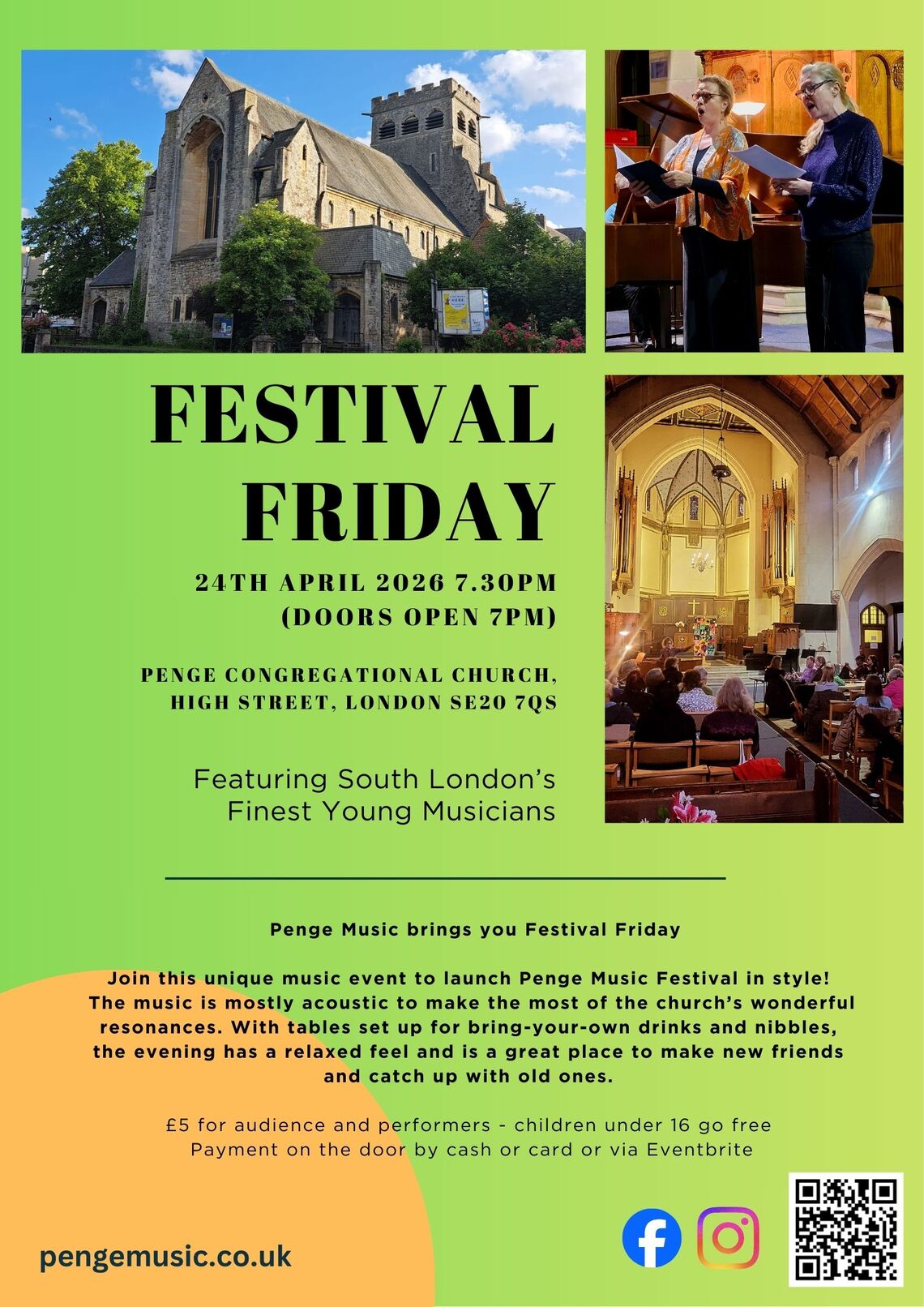 Green poster with photos of penge congregational church around event text. Event text on wepage