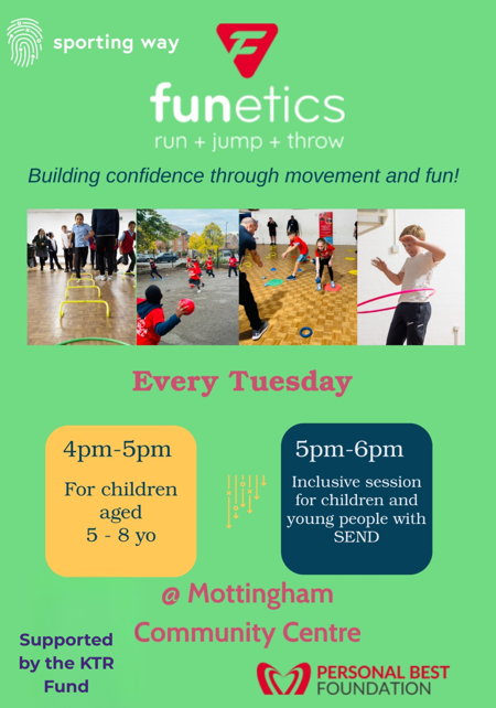 Funetics events flyer with tagline 'Building confidence through movement and fun', above images of sports activities and event text (event text on webpage)