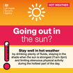 UKSA logo on orange background with image of sun and thermometer beside words 'Going out in the sun: Stay well in hot weather by drinking plenty of fluids, staying in the shade when the sun is strongest (11am to 3pm)  and limiting strenuous physical activity during the hottest parts of the day'