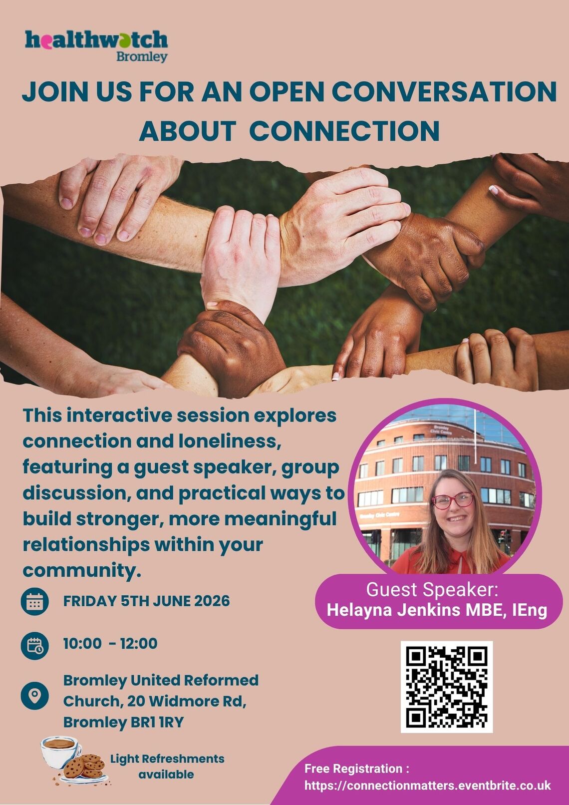 HWB Connection Matters event flyer with image of hands holding hands, event information, QR code and image of guest speaker, Healyna Jenkins. Event information on webpage