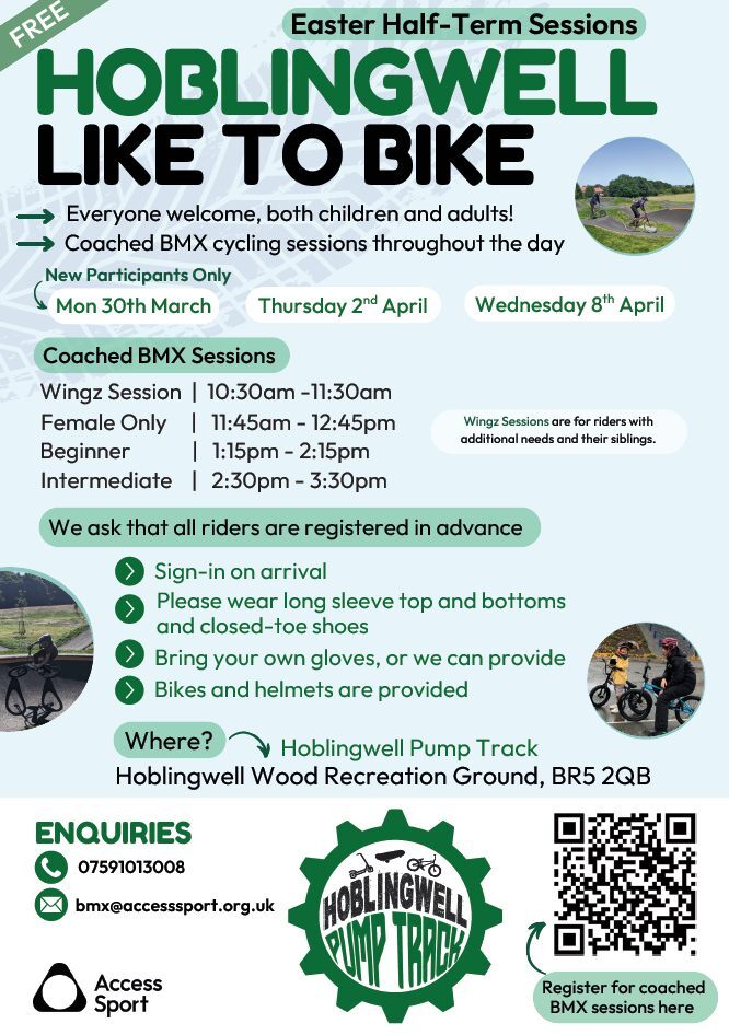 Hoblingwell Like to Bike Easter Half term sessions flyer with images of bicycles (event text on webpage)