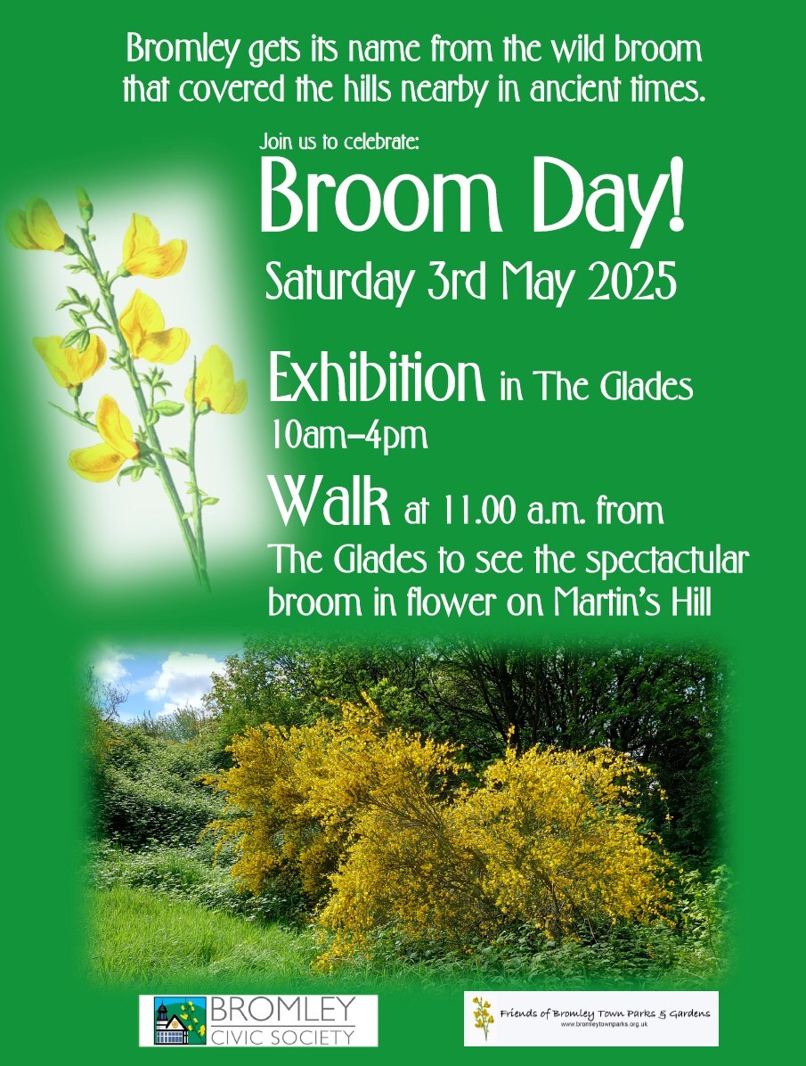 Image with flowers, bushes and text about Broom Day event. Event text is on webpage