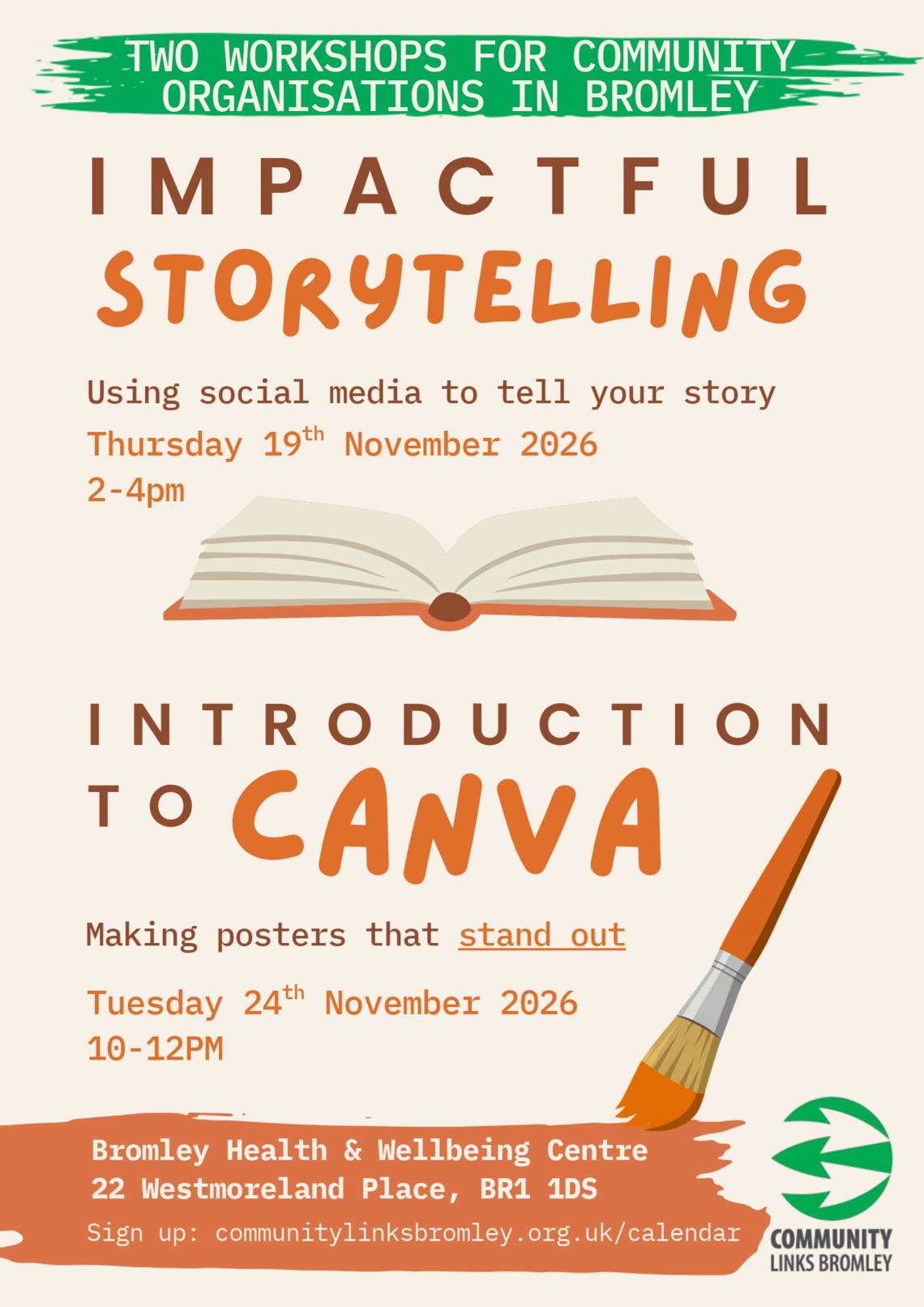 Open book and paint brush alongside event information on coloured backgrounds
