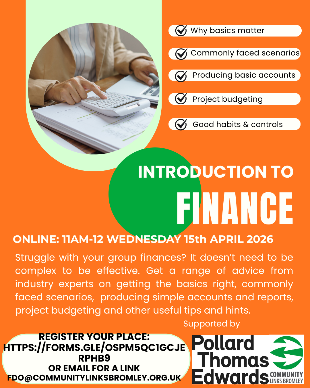 Image of person sitting with calculator and papers, above event text - text on webpage)