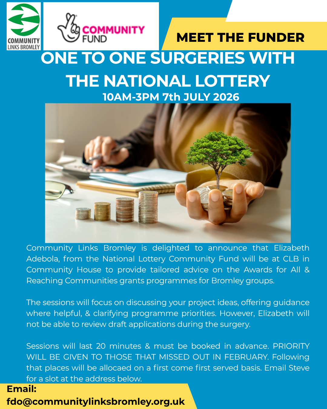 Blue flyer with title 'One to One surgeries with the national lottery' above image of hand holding coins and a mini tree, above event text (event text on webpage)