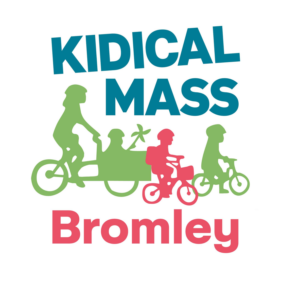 Image with silhouettes of cyclists and words, Kidical Mass Bromley