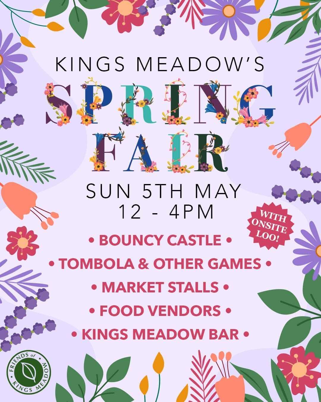 King's Meadows Spring Fair event flyer image with black and pink text surrounded by flowers (image text on page)