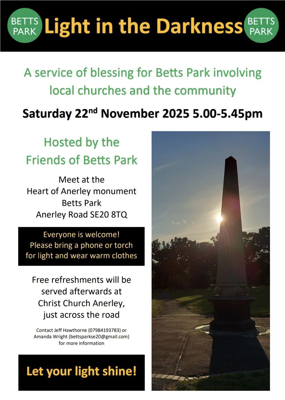 Event flyer with image of Heart of Anerley Monument in Betts Park. Image text on webpage
