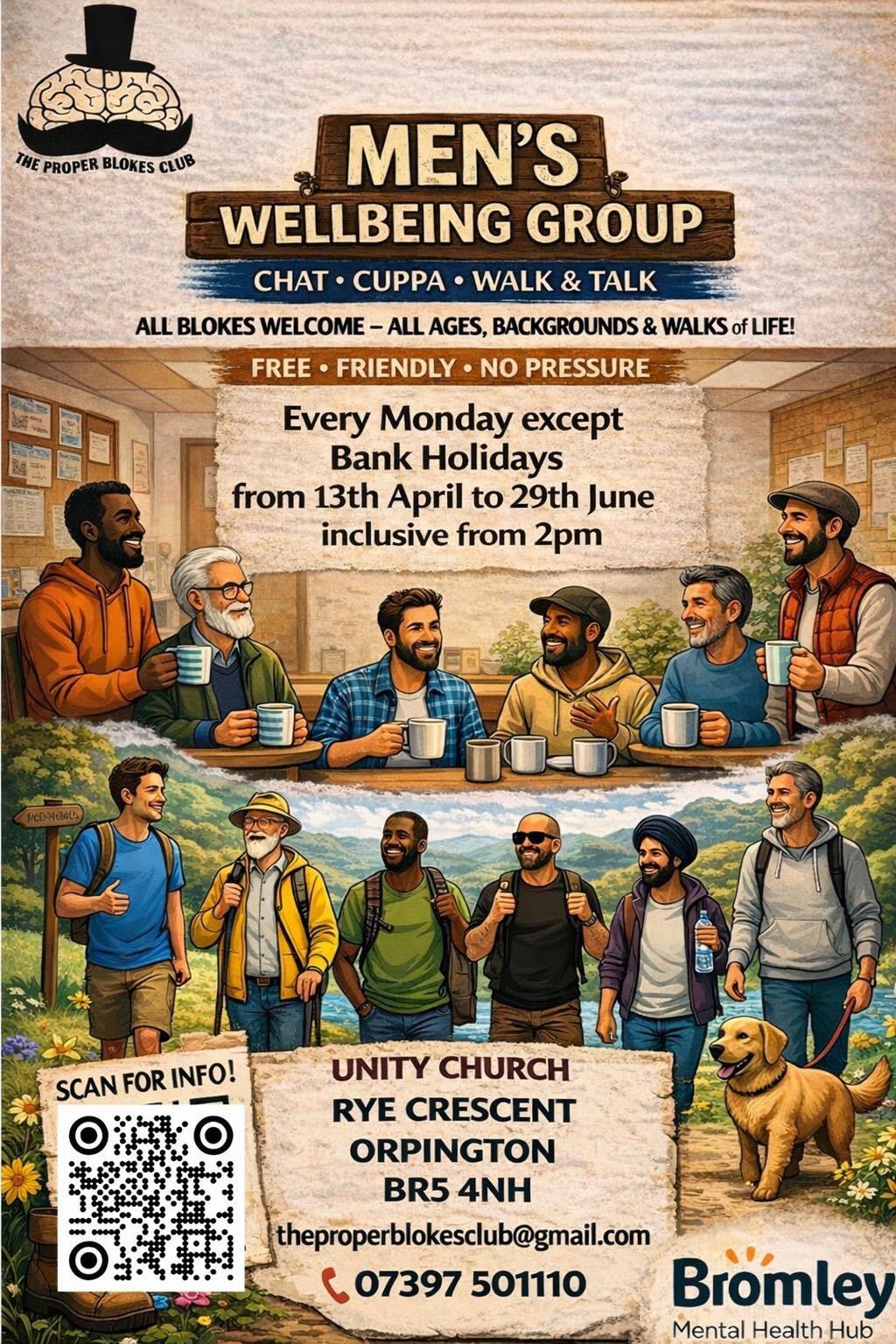 AI images of groups of men sitting and laughing and walking in park, surrounded by event text. Event text on webpage