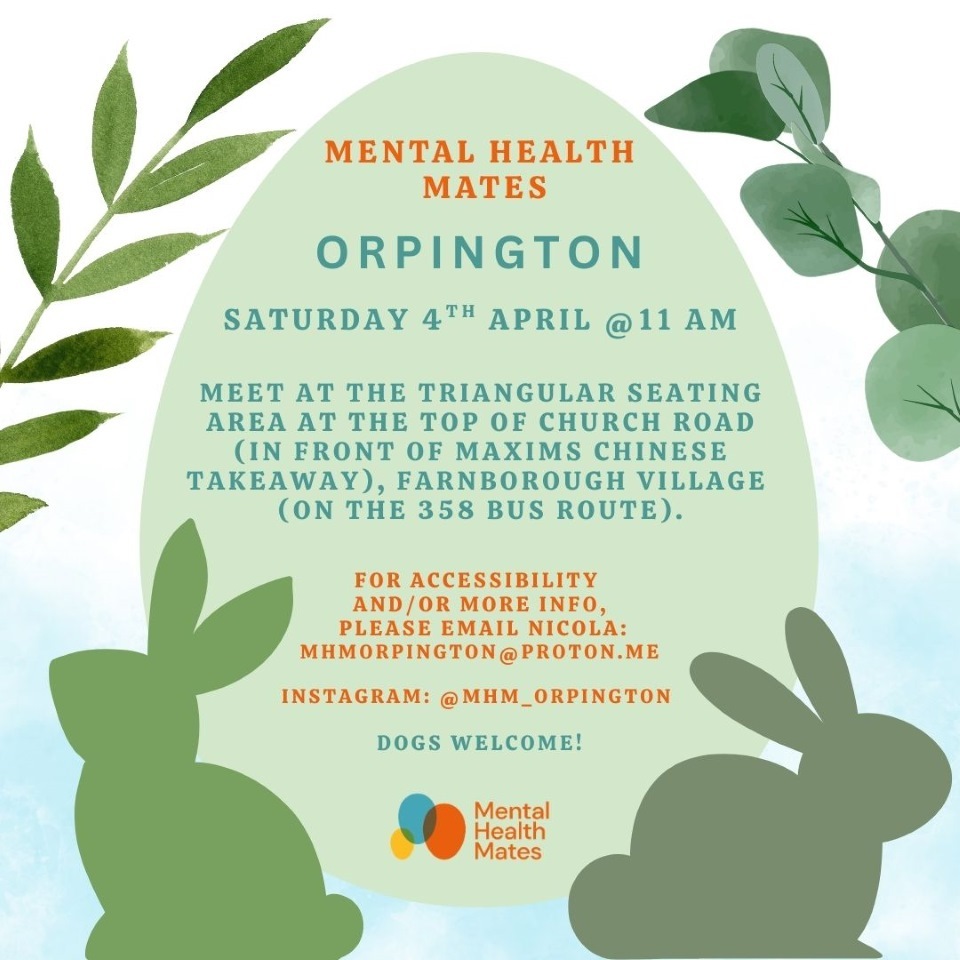 Mental Health Mates Orpington walk flyer image with leaves and green silhouttes of rabbits. Image text on webpage