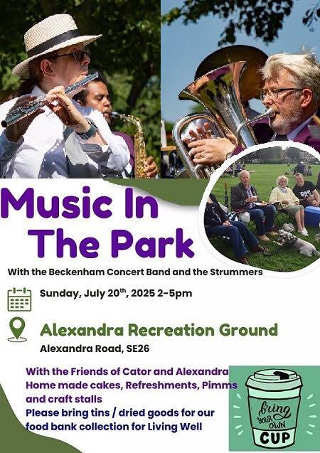 Images of people playing instruments and people sitting on grass, above event text (event text is on webpage)