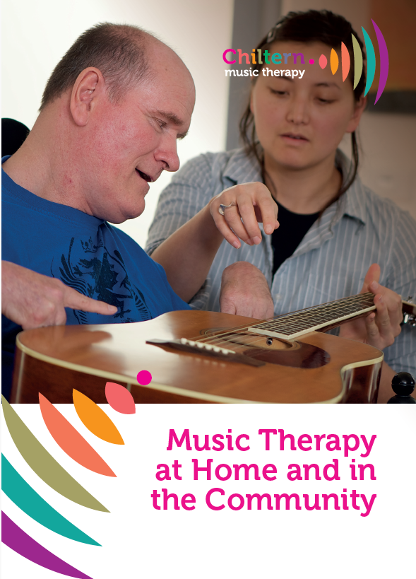 A man and a woman holding a guitar behind logo 'Chiltern Music Therapy'. Image is above words 'Music Therapy at Home and in the Community'