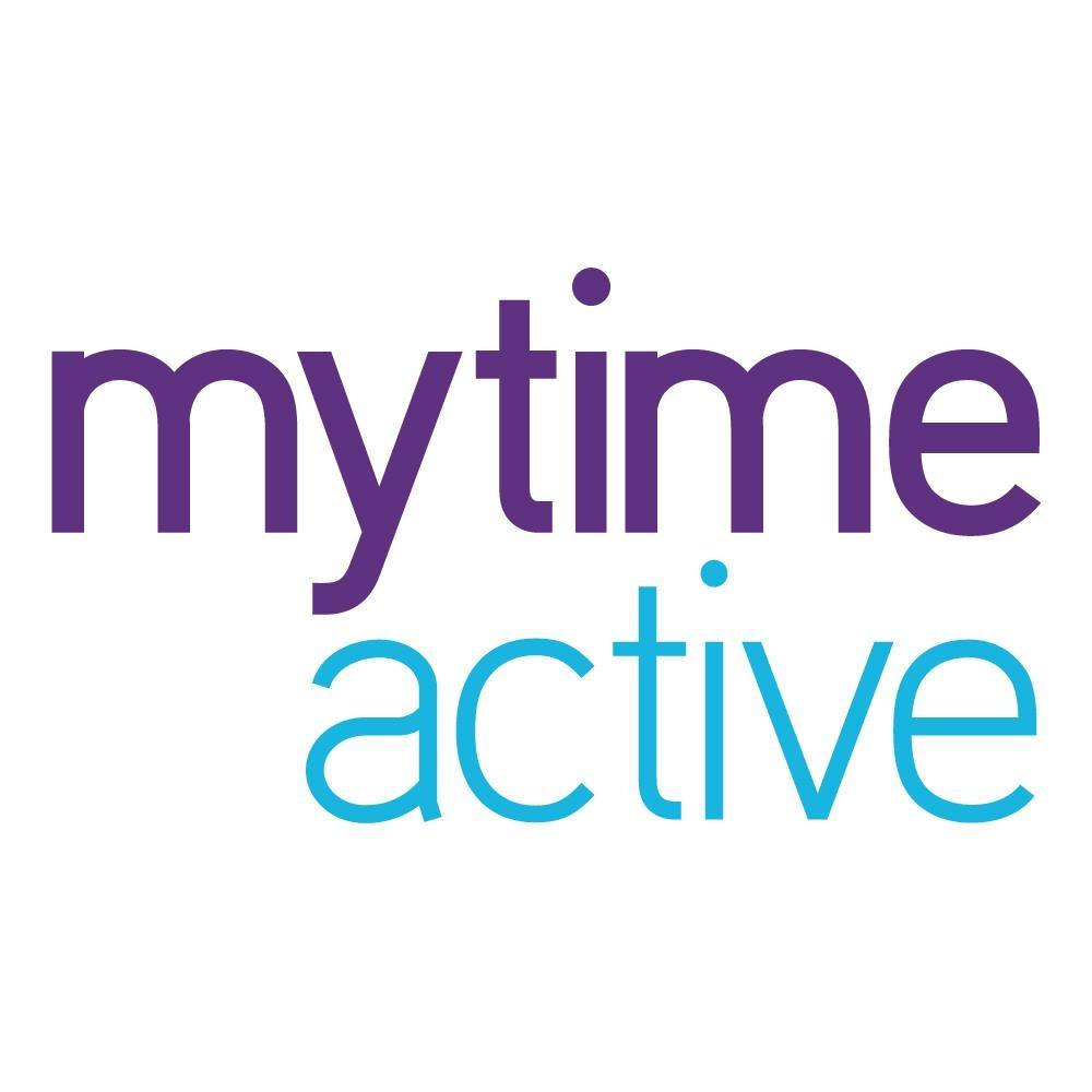 Word 'mytime' in purple above word 'active' in blue