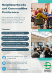 Image of people sitting down talking to each other above image of people sitting down in room looking at screen. Event information next toimages (event information on webpage)