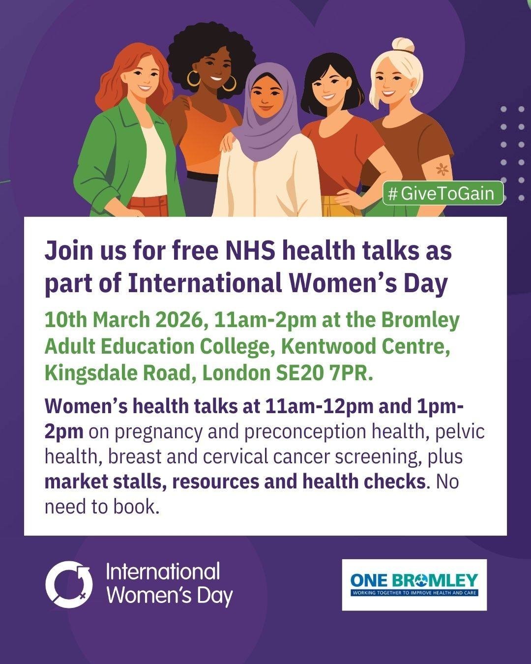Cartoon images of women above event text and One Bromley logo (event text on webpage)