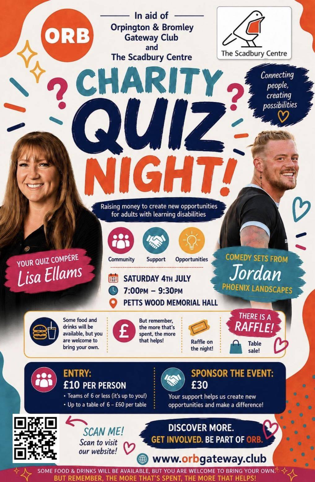 ORB Charity quiz night flyer image with QR code and event information. Event information on webpage