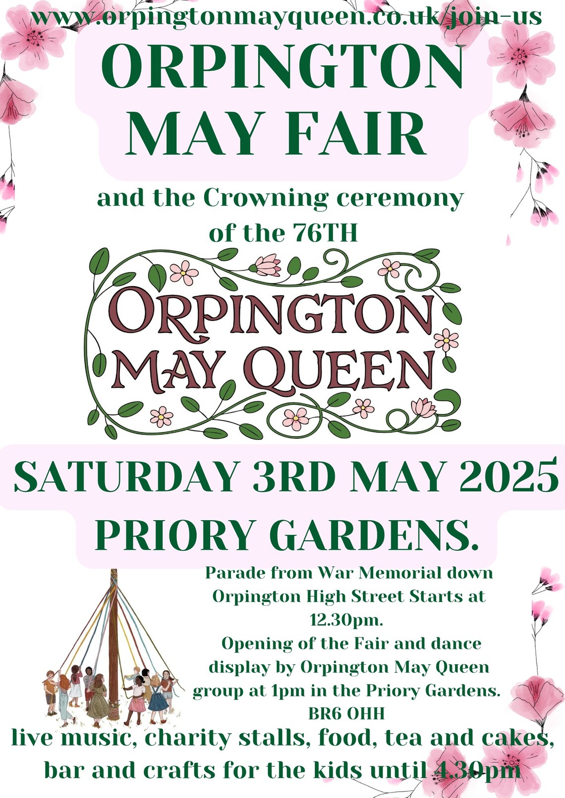 Orpington May Fair and Parade event flyer. Image with flowers on. Image text on pageb