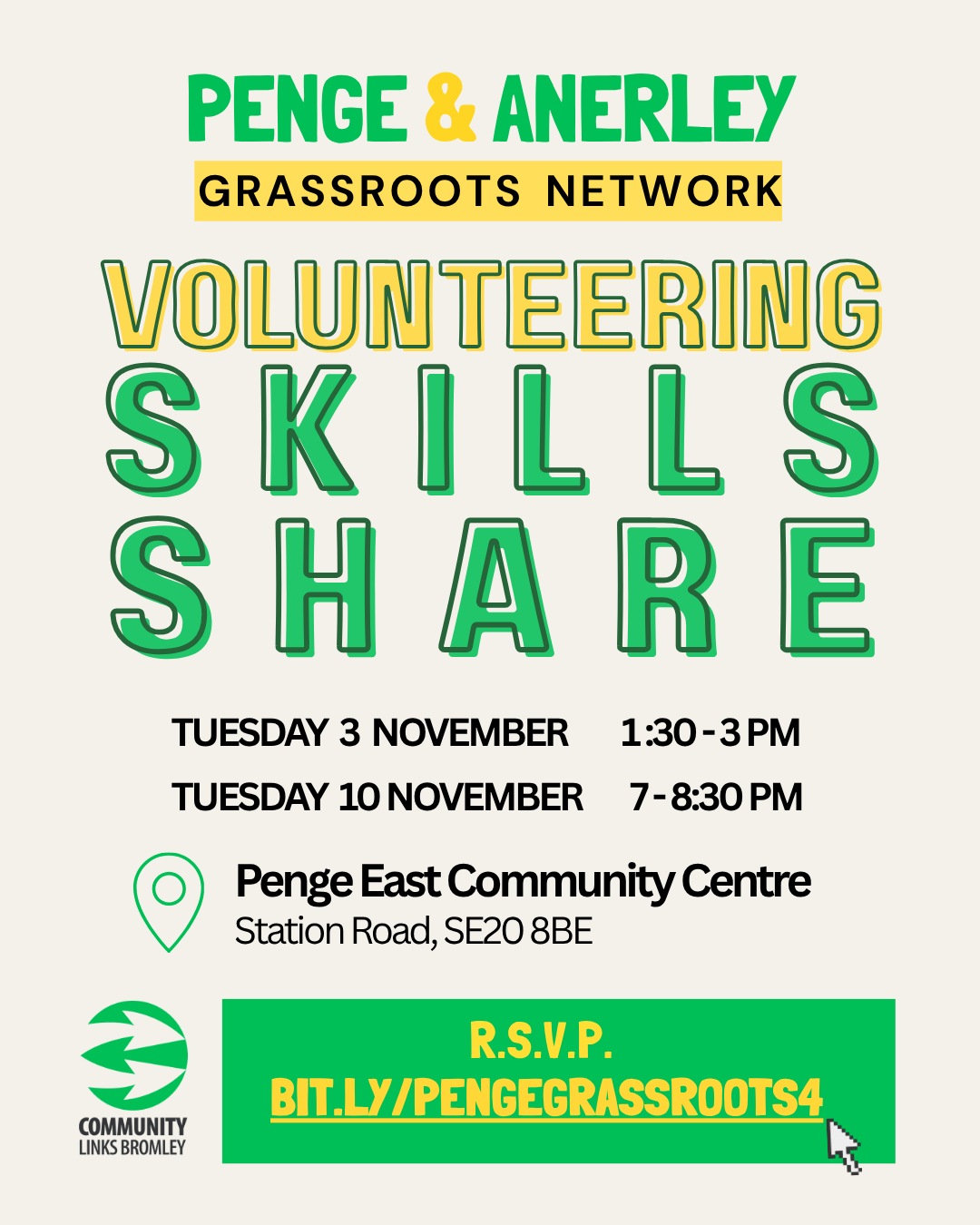 Flyer with event information in green and yellow text (event information on webpage)