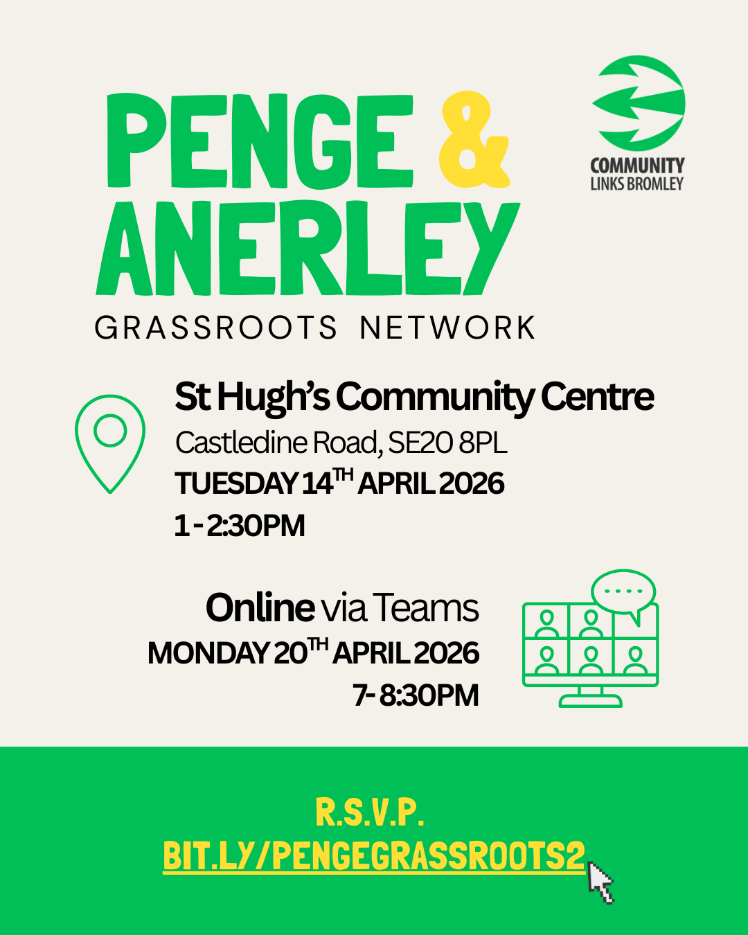 Penge & Anerley Grassroots Network meeting flyer (event details displayeed on flyer are on webpage)