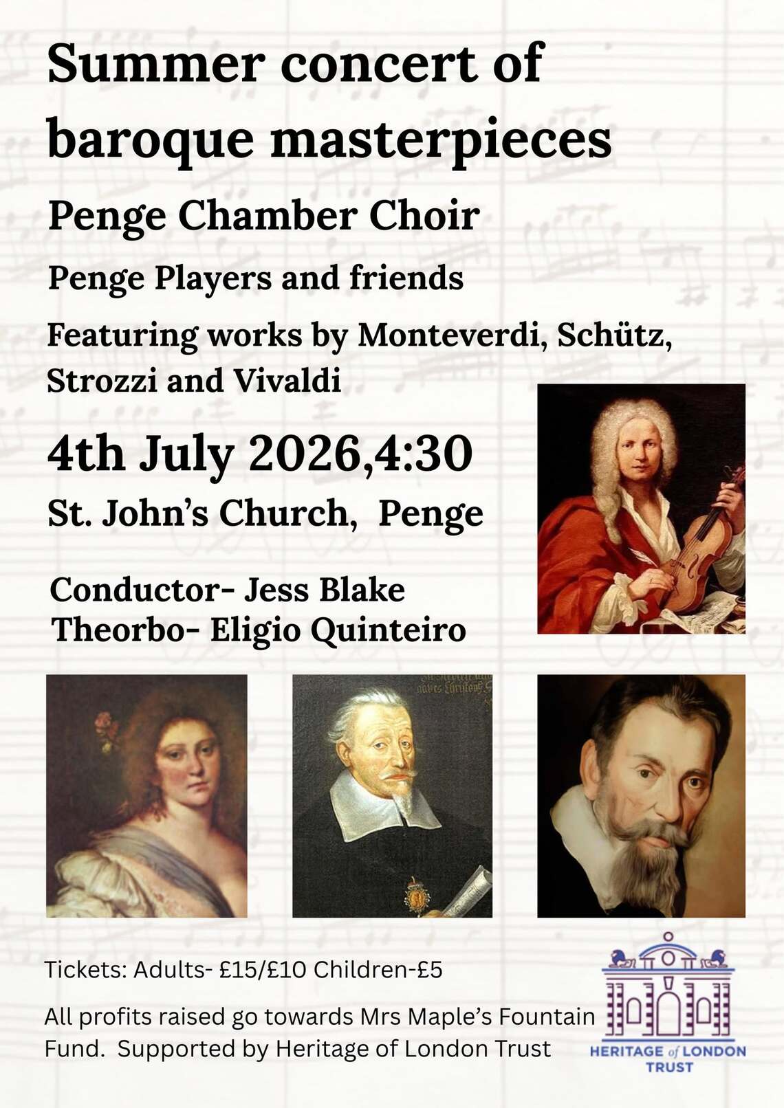 Images of baroque musicians Monteverdi, Schütz, Strossi and Vivaldi, surrounding event information. Event information on webpage
